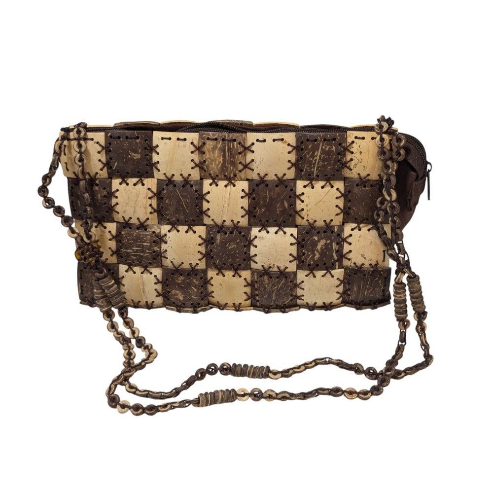 Coconut Shell Checkerboard Purse With Beaded Shoulder Strap & Zip Closure